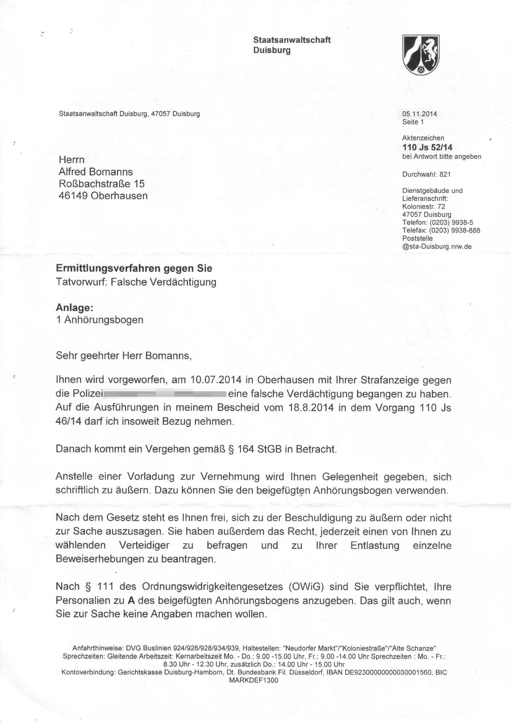 Bescheid der Staatsanwaltschaft Duisburg, Oberstaatsanwalt Wolfgang Seither, vom 05.11.2014, S. 1