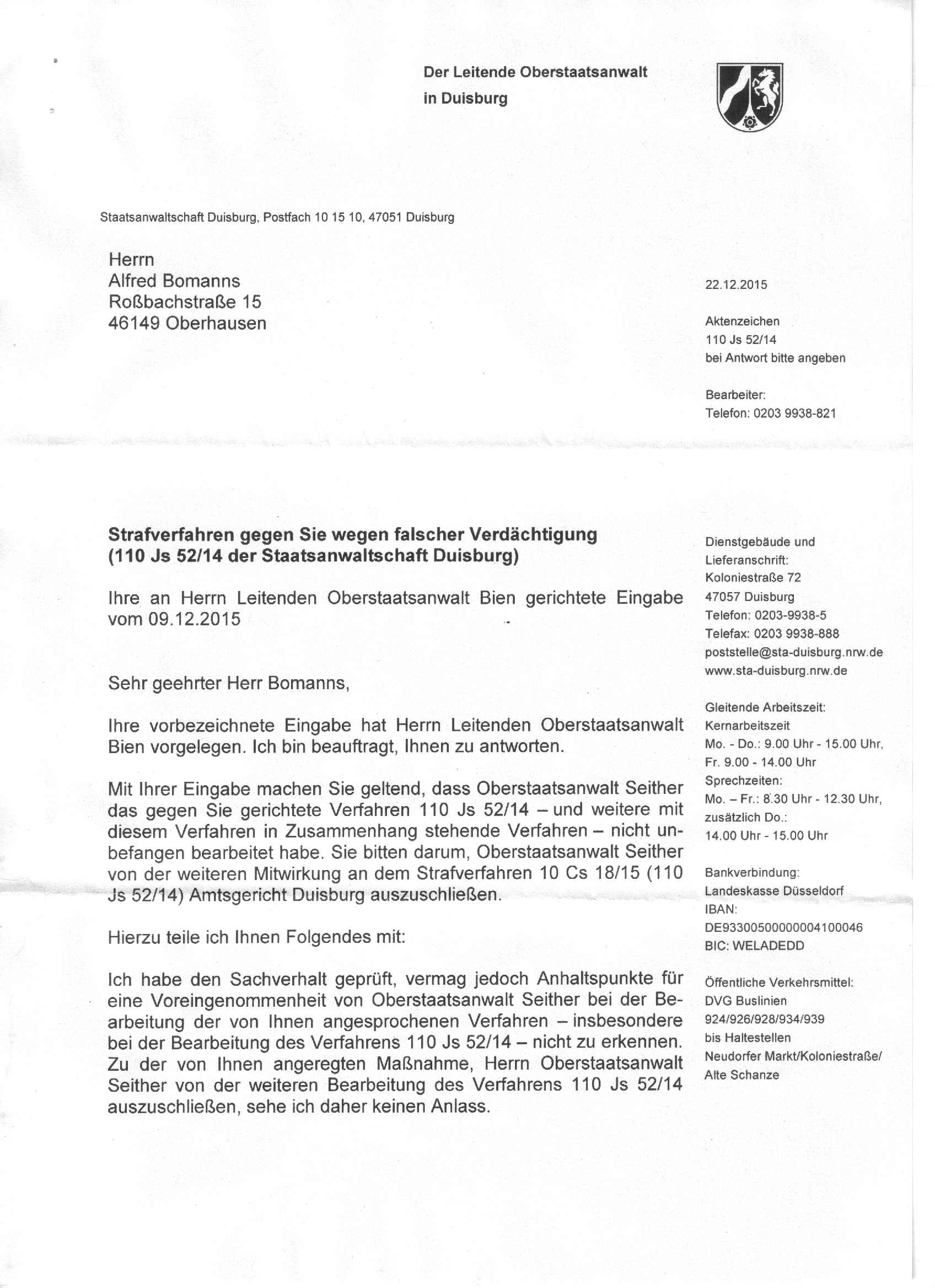 Bescheid des Oberstaatsanwalts Martin Fischer, Staatsanwaltschaft Duisburg, vom 22.12.2015, S. 1