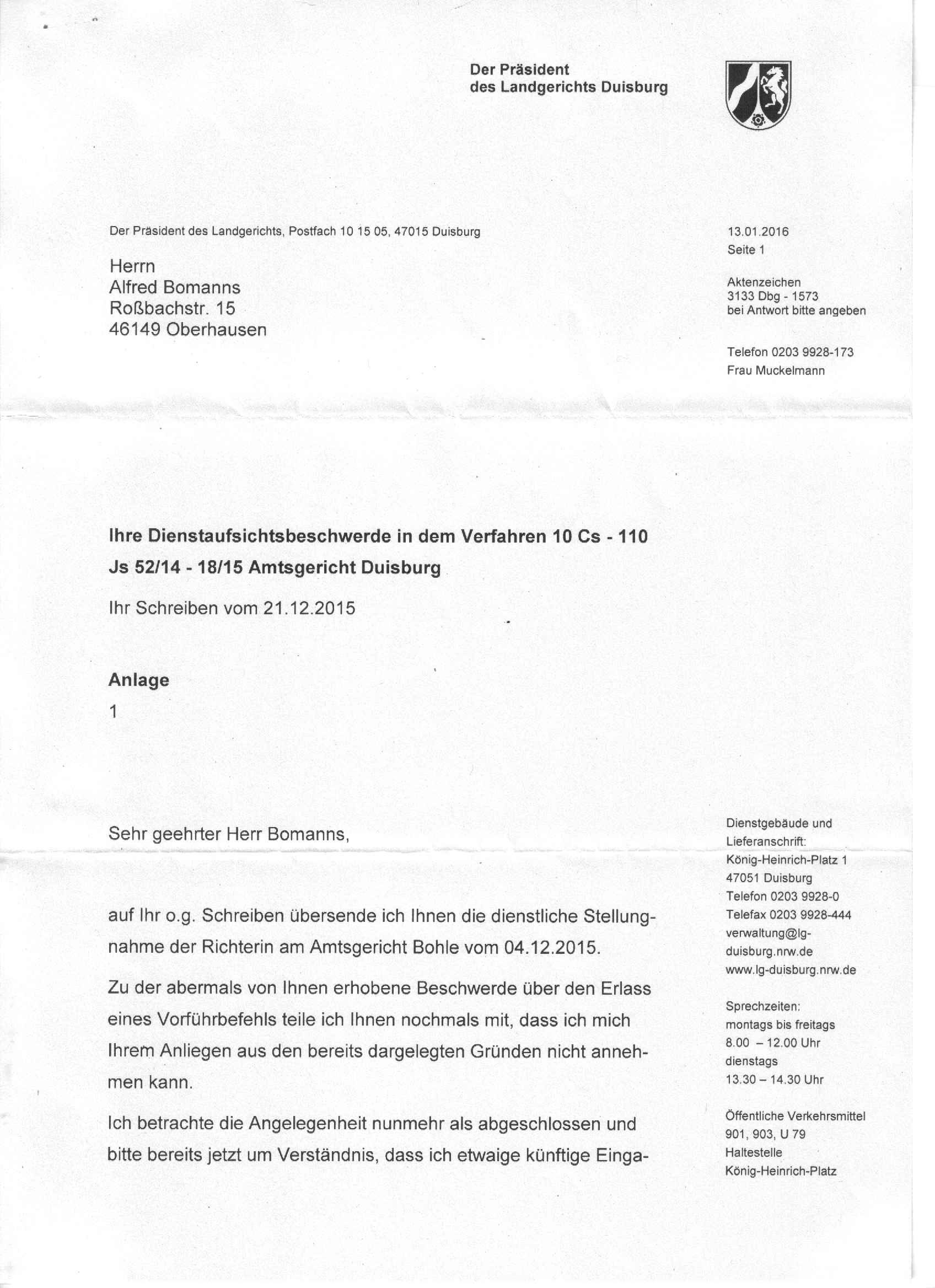 Antwort des Präsidenten des Landgerichts Duisburg, Ulf-Thomas Bender, vom 13.01.2016, S. 1