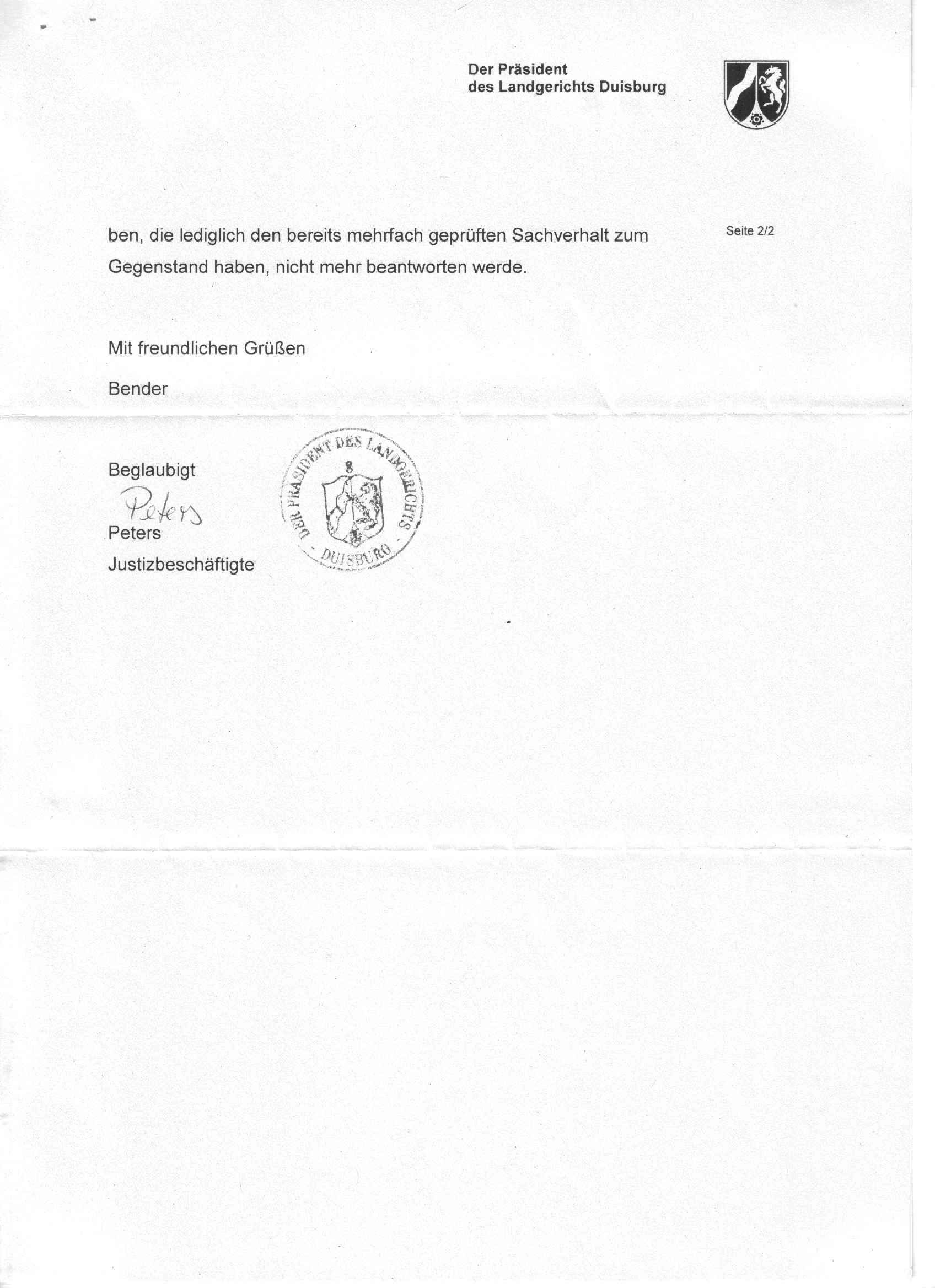 Antwort des Präsidenten des Landgerichts Duisburg, Ulf-Thomas Bender, vom 13.01.2016, S. 2