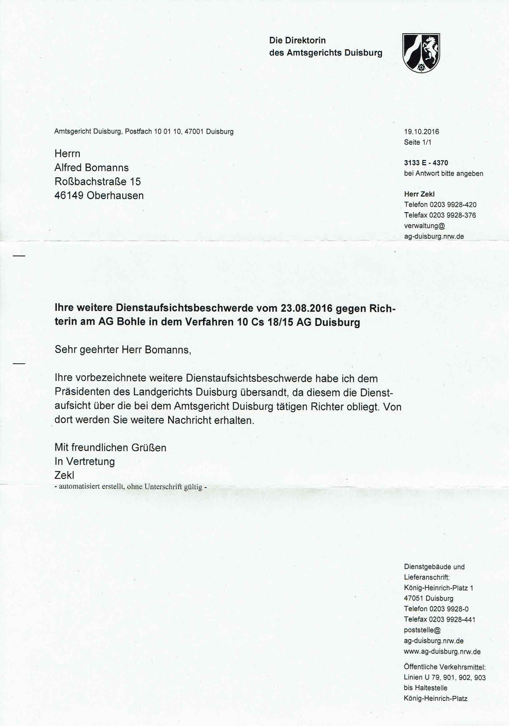 Antwort des Amtsgerichts Duisburg vom 19.10.2016