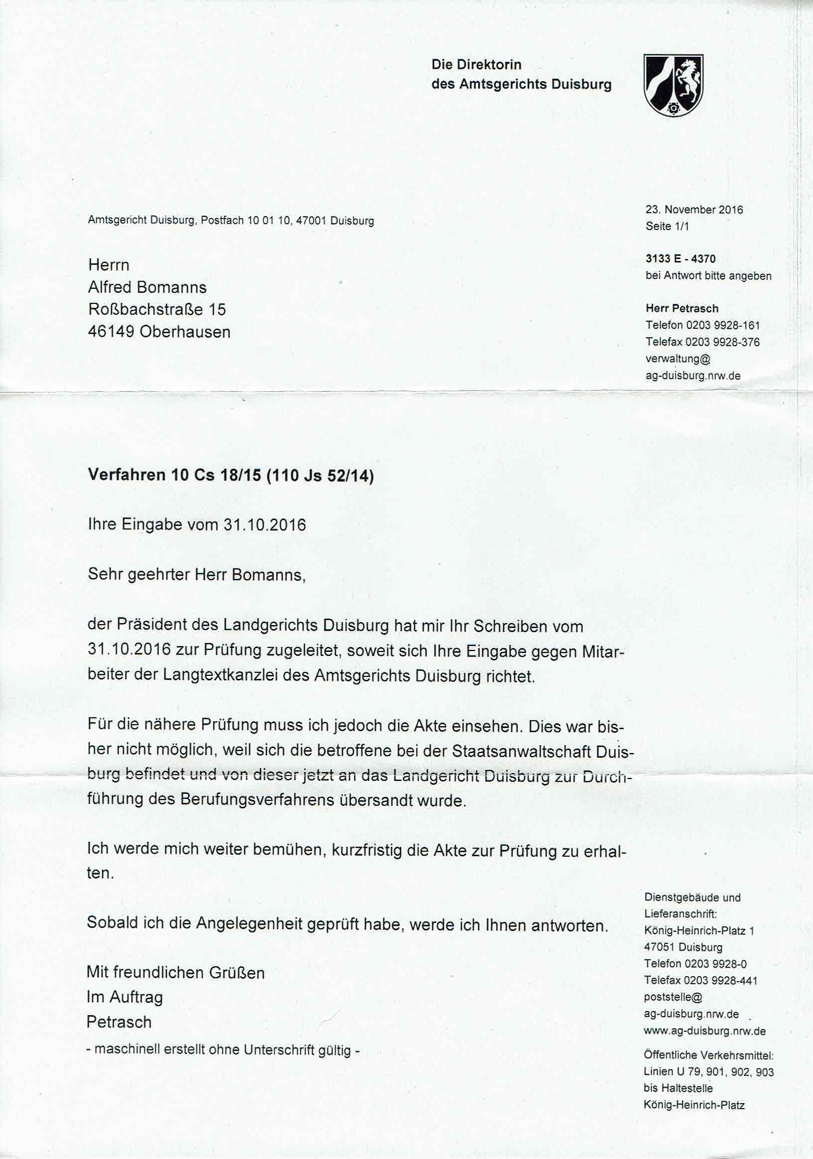 Antwort des Amtsgerichts Duisburg vom 23.11.2016