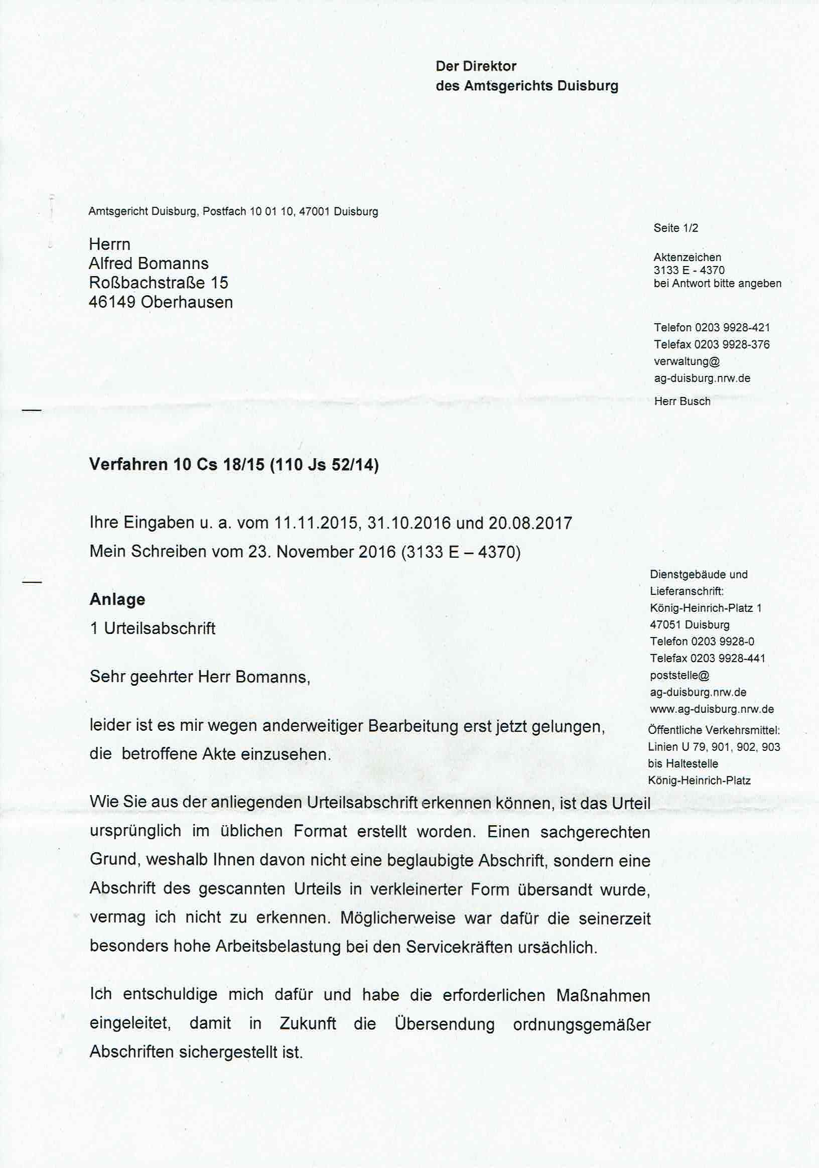 Antwort des Direktors des Amtsgerichts Duisburg vom 19.09.2017, Seite 1